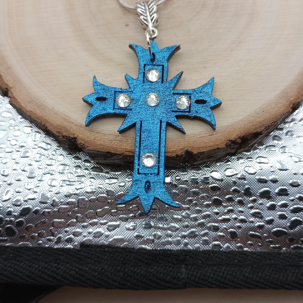 Blue Cross Pendant with Rhinestones